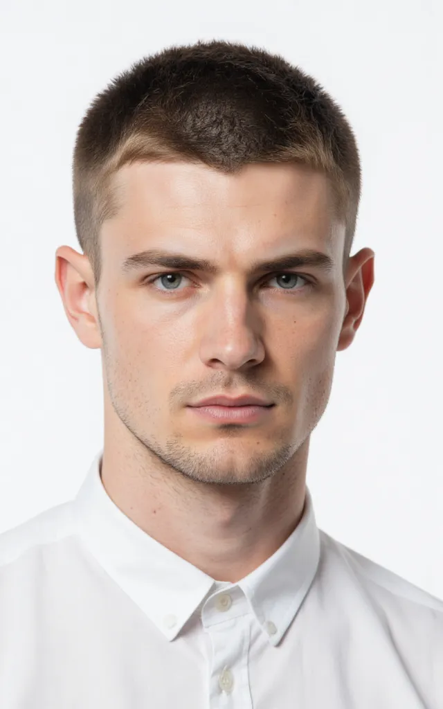 A French male model with a Caesar cut, wearing a shirt, against a white background, in a front   facing bust portrait